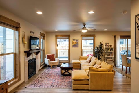 Smart TV, fireplace, books