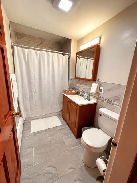 Combined shower/tub, hair dryer, towels, soap