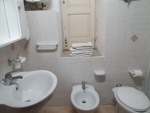 Combined shower/tub, hair dryer, bidet, towels