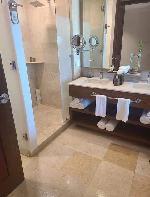 Combined shower/tub, jetted tub, hair dryer, towels