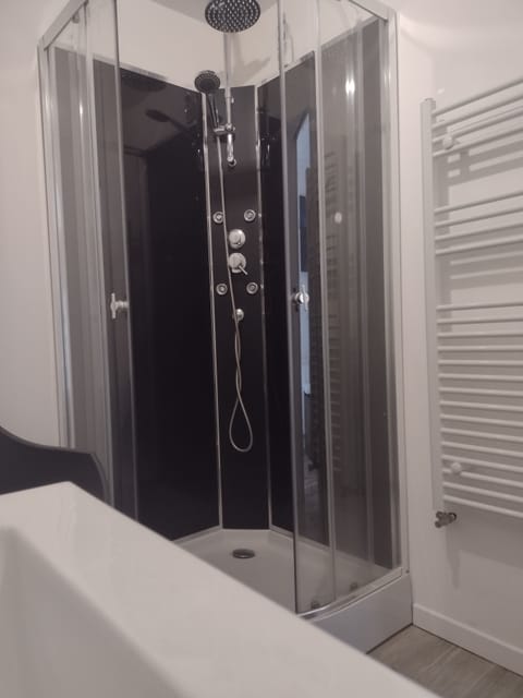 Combined shower/tub, hair dryer, towels, soap