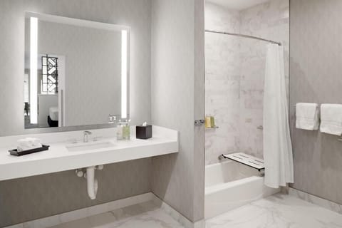 Full bathroom with a shower. Basic toiletries and towels are provided