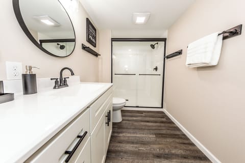 Combined shower/tub, jetted tub, hair dryer, towels