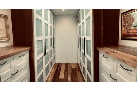 master closet with 2 dressers and lots of storage and hanging space
