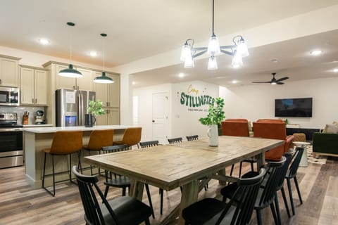 Overview of the dining area, kitchen, and living room