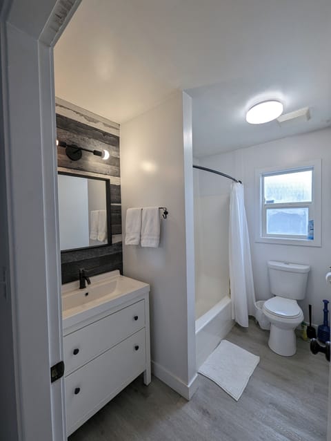 Combined shower/tub, hair dryer, towels, soap