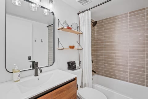 Combined shower/tub, hair dryer, towels, soap