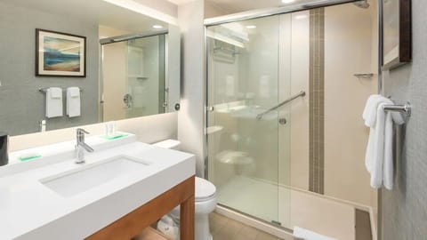 Combined shower/tub, hair dryer, towels