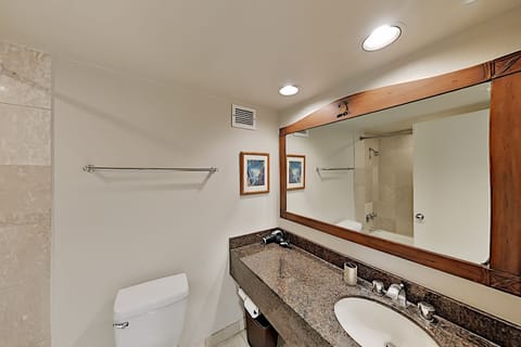 Combined shower/tub, hair dryer, towels