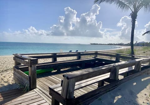 On the beach, sun loungers, beach towels