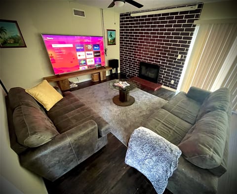 Smart TV, fireplace, books, video library