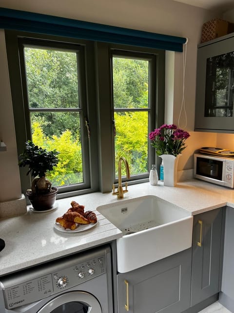 Kitchen looking out to beautiful woodland.