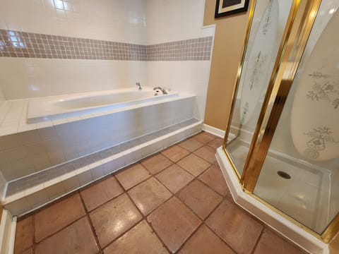 Bathtub, jetted tub, hair dryer, towels