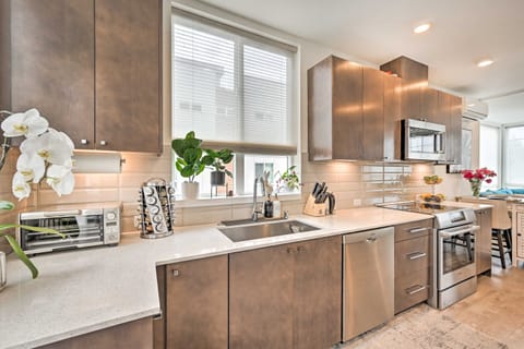 view of kitchen with cooking spices and toaster oven
