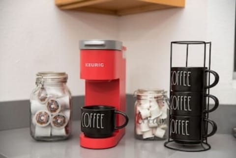 A Keurig coffee maker is available for your morning caffeine fix!