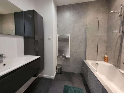 Combined shower/tub, hair dryer, towels