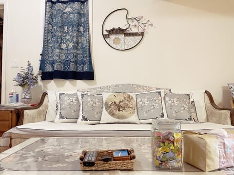 Couch in the living room, facing the TV