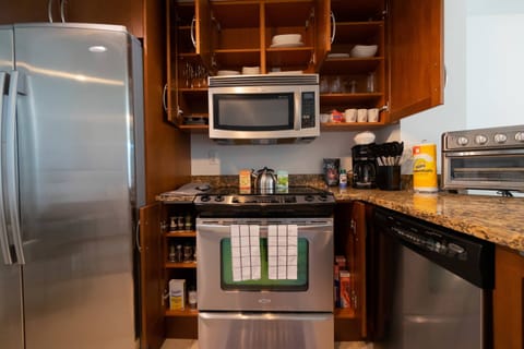 Fridge, microwave, oven, dishwasher