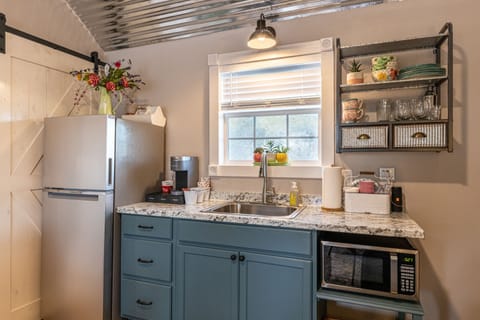 Kitchenette with keurig coffee maker, microwave, and apt size fridge