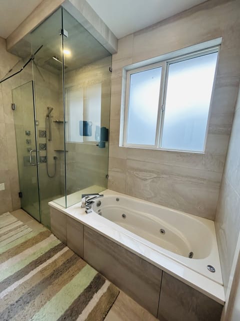 Shower, jetted tub, hair dryer, bidet