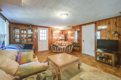 TV, fireplace, books