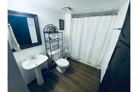 Combined shower/tub, hair dryer, towels, soap