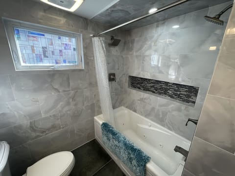 Combined shower/tub, jetted tub, hair dryer, towels