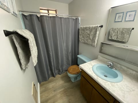 Combined shower/tub, hair dryer, towels, soap