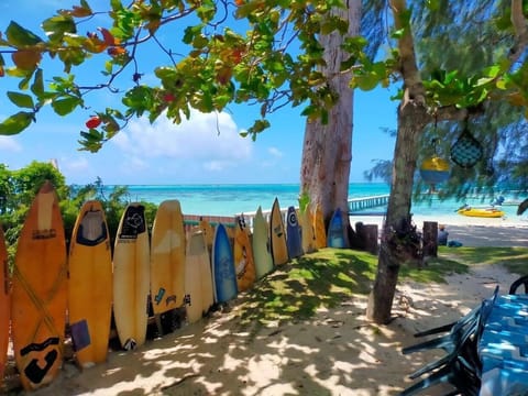 On the beach, sun loungers