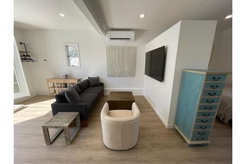 BlueDot Queen Sleeper sofa, swivel chair, all new cork-lined wood laminate floor
