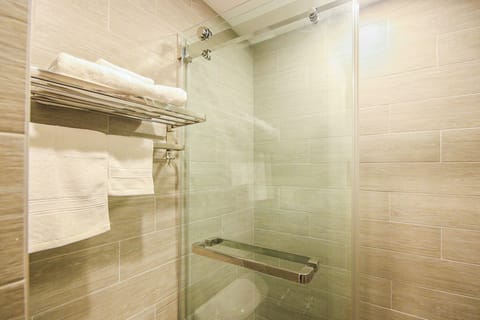 Combined shower/tub, hair dryer, towels, soap