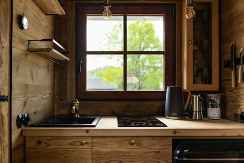 Fridge, stovetop, coffee/tea maker