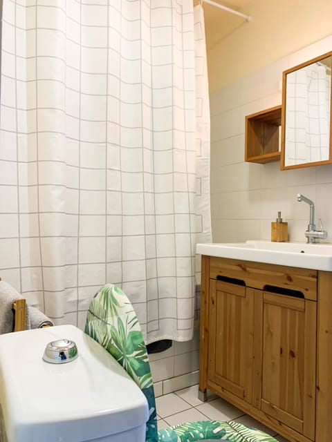 Combined shower/tub, hair dryer, towels, soap