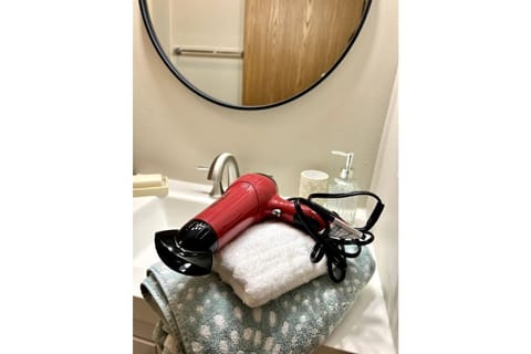 Hair dryer, towels, soap, toilet paper