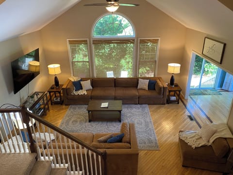 Aerial of LR from upper level balcony