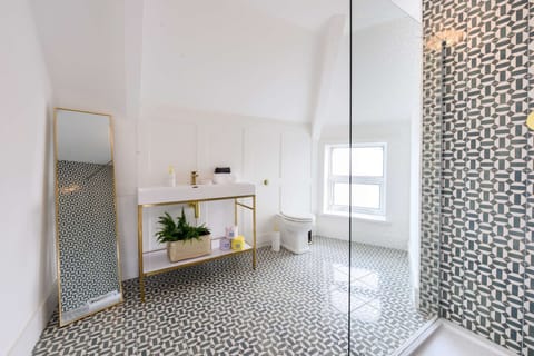 Combined shower/tub, hair dryer, towels