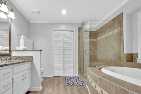 Combined shower/tub, hair dryer, towels, soap