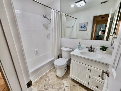 Combined shower/tub, hair dryer, towels, soap