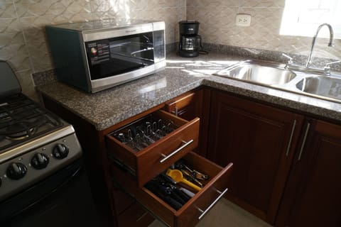 Fridge, microwave, oven, coffee/tea maker