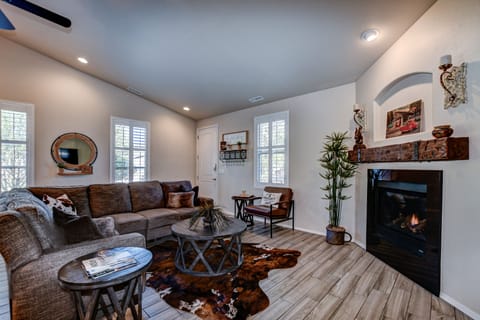 TV, fireplace, books