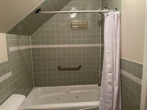 Jetted tub, hair dryer, towels, soap