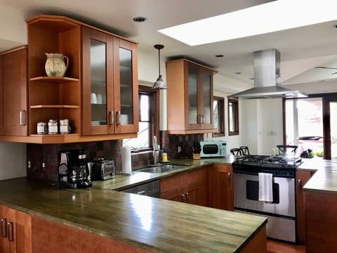 Well equipped kitchen with stainless appliances and water filtration system.