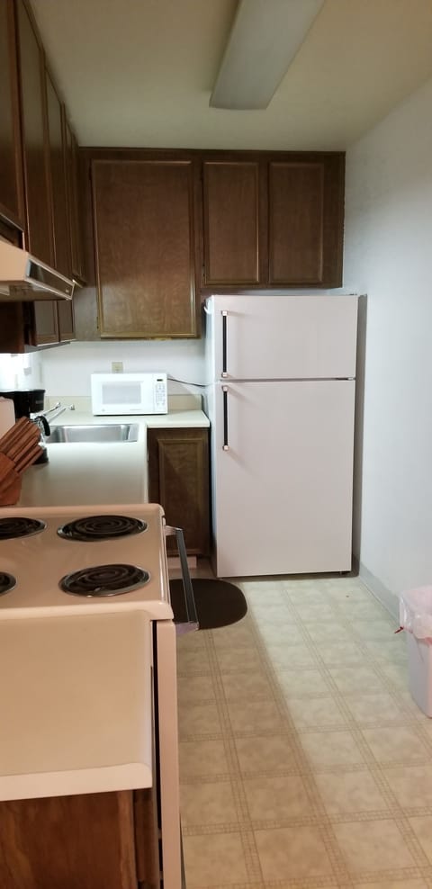 Fridge, stovetop, coffee/tea maker, blender