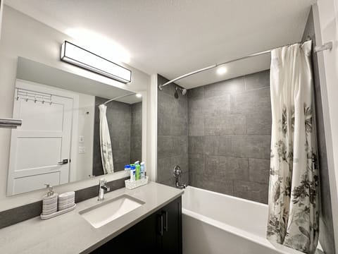 Combined shower/tub, hair dryer, towels, soap