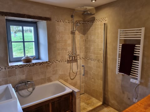 Combined shower/tub, hair dryer, towels