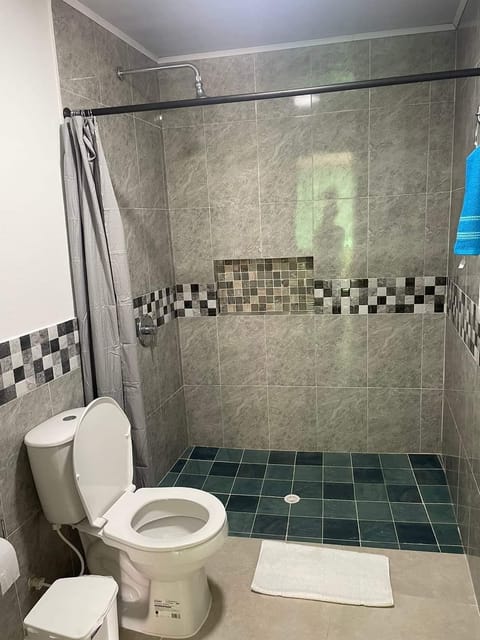 Combined shower/tub, hair dryer, towels, soap