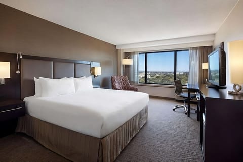 Unwind in a plush king bed with skyline views.