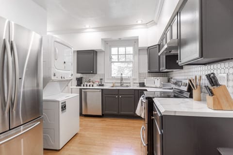 Store your groceries or takeout in our stainless steel fridge, and feel free to do your laundry during your stay as well!