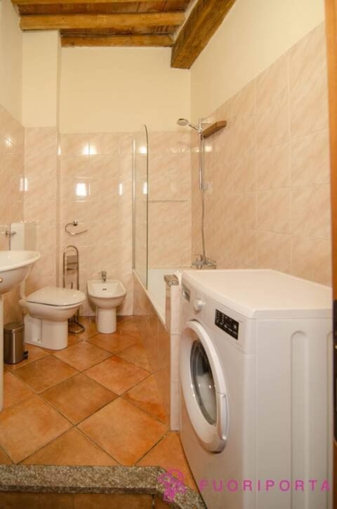 Combined shower/tub, hair dryer, bidet, towels