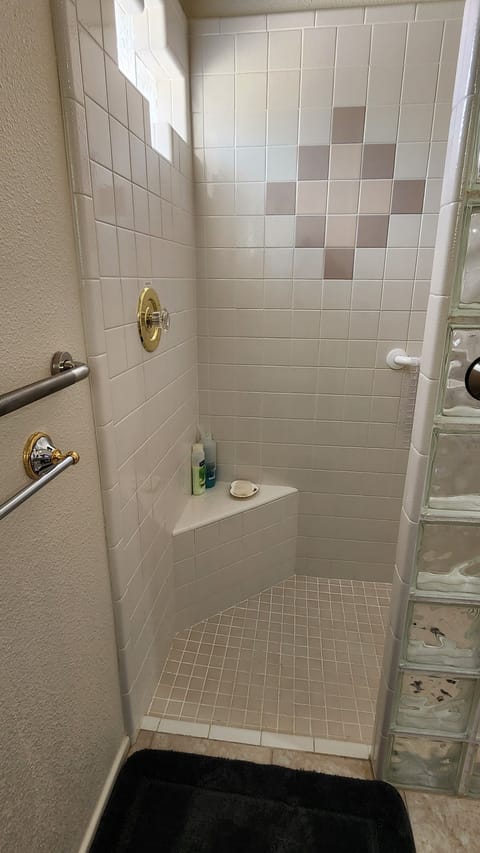 Combined shower/tub, hair dryer, towels, soap